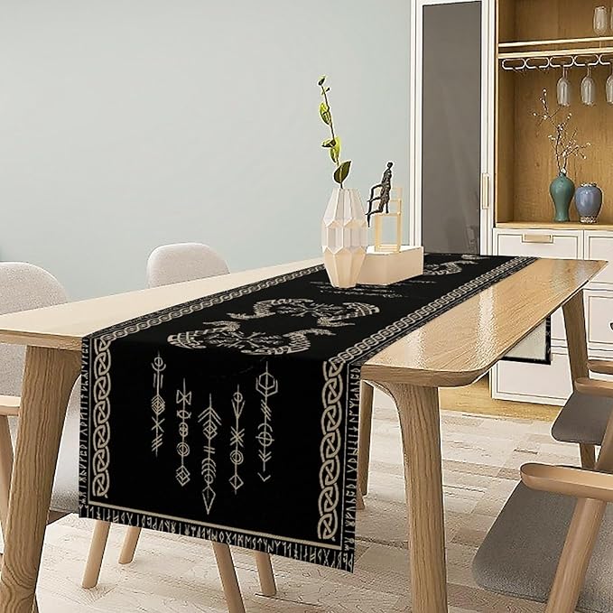 Viking Table Runner, Raven Ancient Rune Dragon Totem Norse Mystical Geometric Table Runner for Kitchen Dining Party Holiday Banquet 13x36in