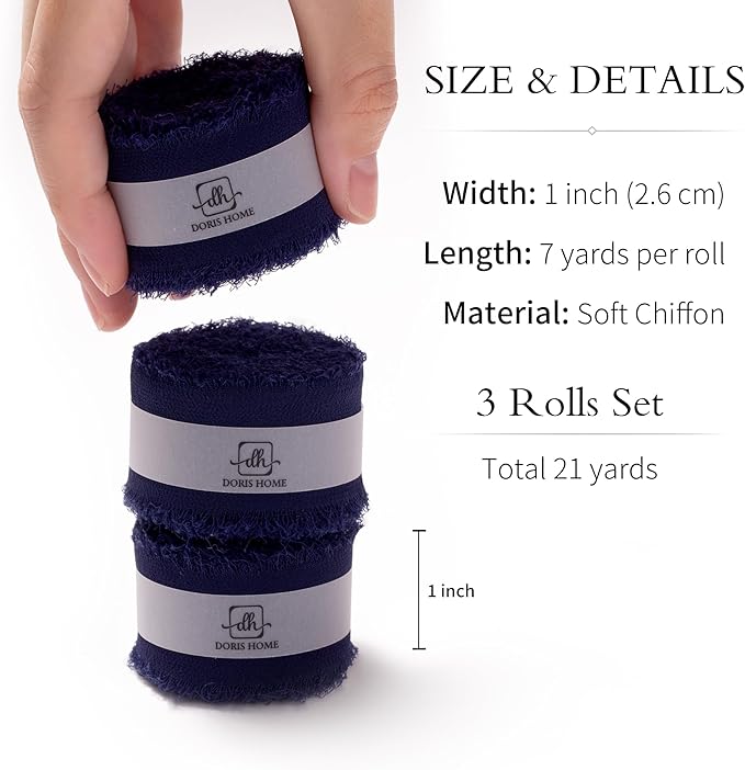 DORIS HOME Dark Navy Chiffon Ribbon for Flower Bouquet, 1" x21Yd Fabric Ribbon for Gift Wrapping, Handmade Frayed Ribbon for Wedding Invitations/Christmas Decorations