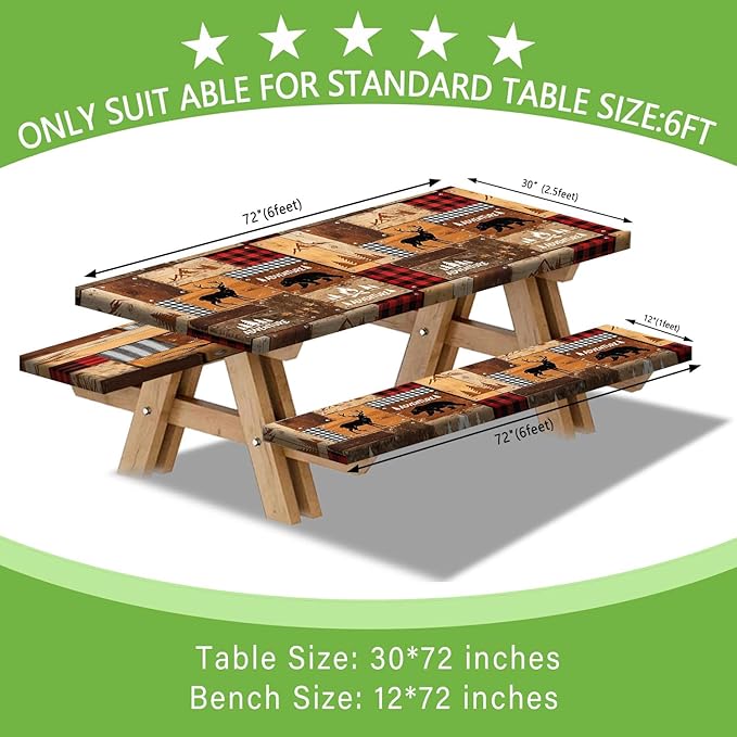 JAWO Rustic Cabin Style Picnic Table Cover with Bench Covers, Elastic Fitted Tablecloth, Lumberjack Buffalo Plaid & Bear Deer Adventure Pattern for Camping, Hunting Trips, 72x30 Inch