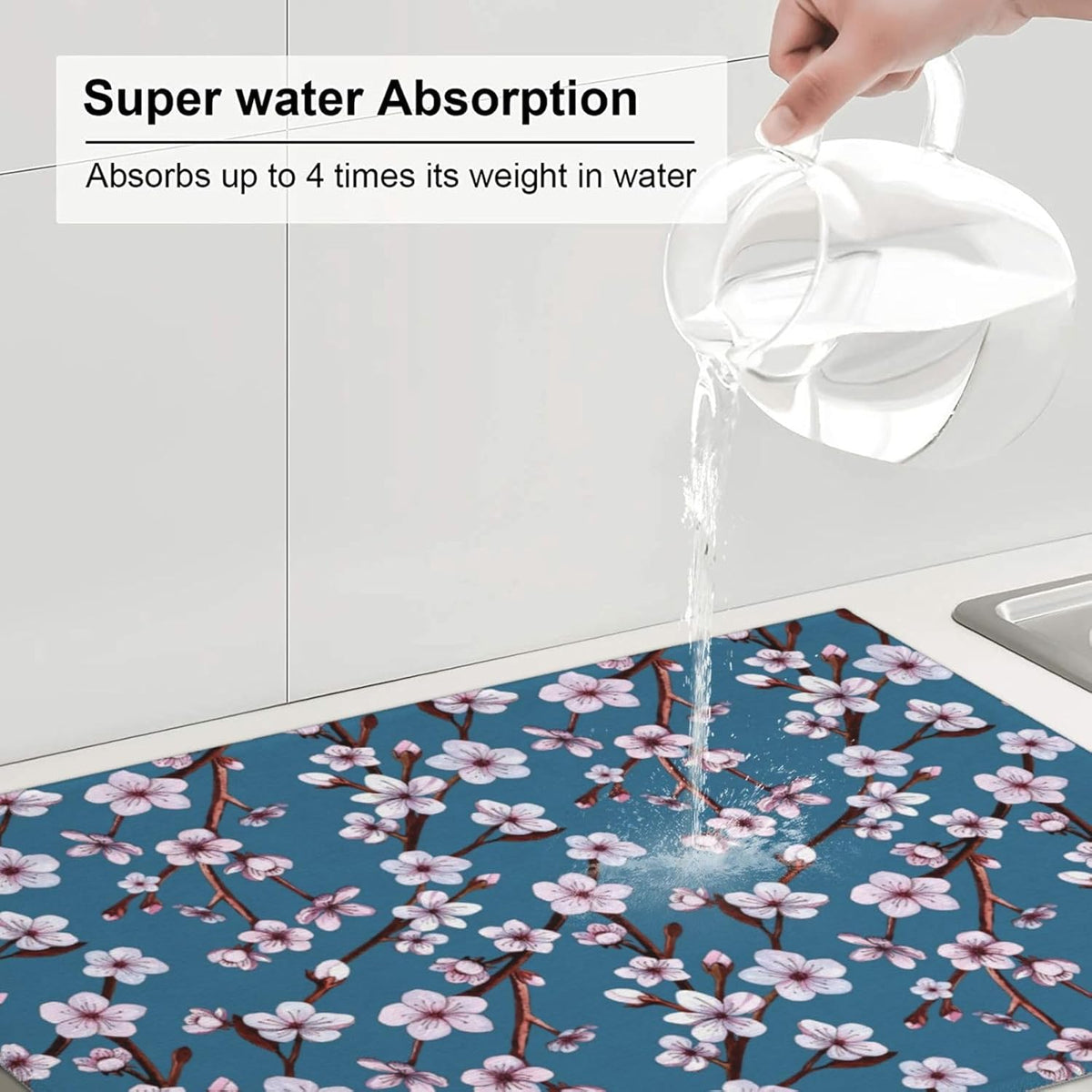 Cherry Blossom Dish Drying Mat, Branch Floral Microfiber Absorbent Drying Mats Reversible Kitchen Countertop Protector Dishes Drainer Rack Pad 18x24