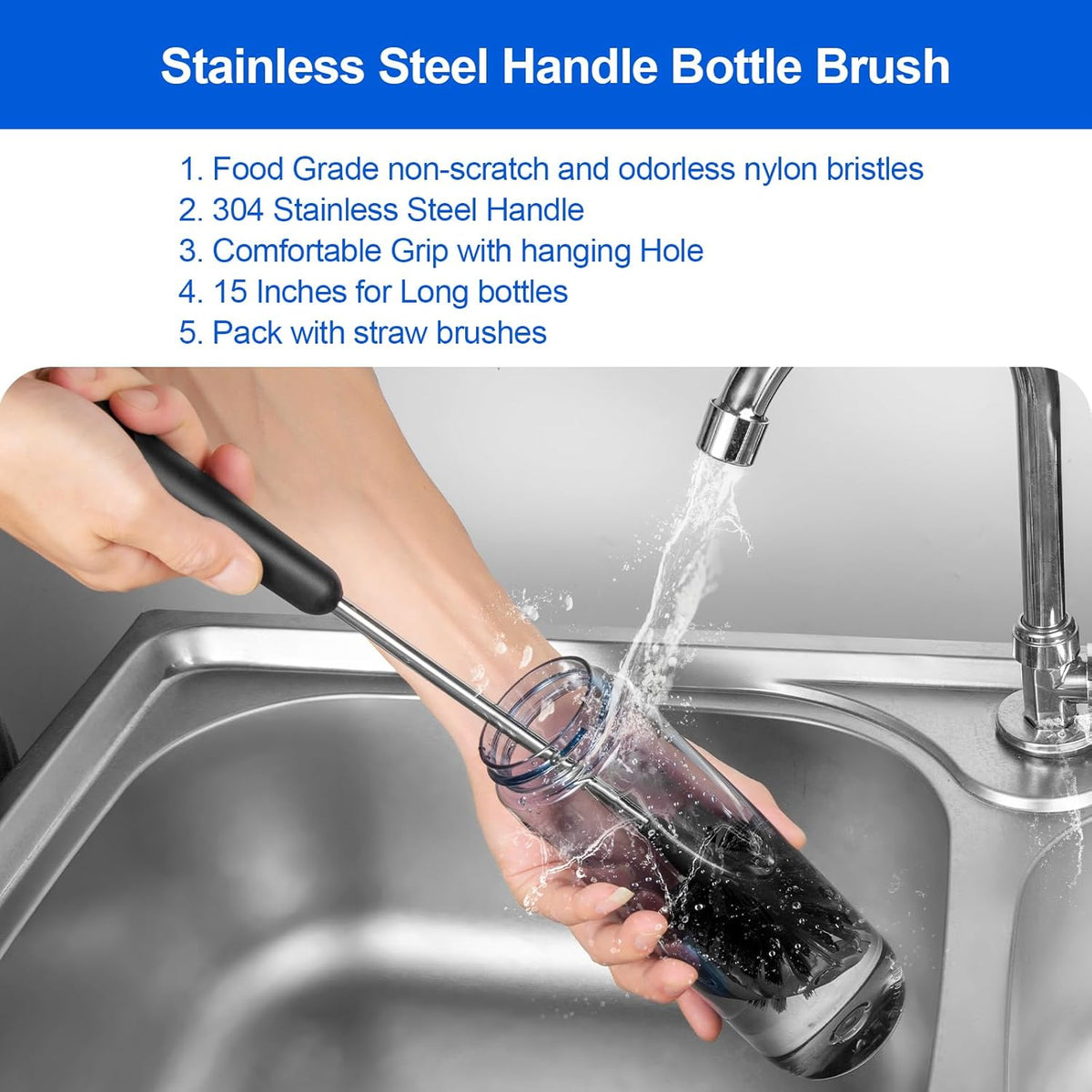Bottle Brush, Long Stainless Steel Handle Water Bottle Brush Cleaner, Sports Bottle Scrubber, Kitchen Scrub Cleaning Brushes for Beer Bottles, Cups
