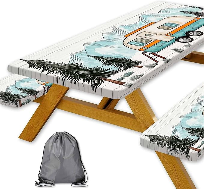 Happy Campers Picnic Table Cover with Bench Covers, RV Camping Tablecloth Fitted Picnic Table Covers, Pine Forest Country Wooden for Rectangle Tables Family Garden Outdoor Party Decorations, 30X72in