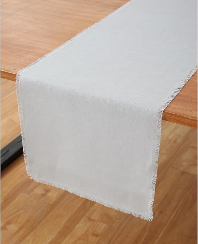 Solino Home Linen Light Grey Table Runner 36 Inches - Fringe, 100% Pure Linen Small Table Runner 14 x 36 Inch Ideal for Dresser and Coffee Tables - Spring, Easter
