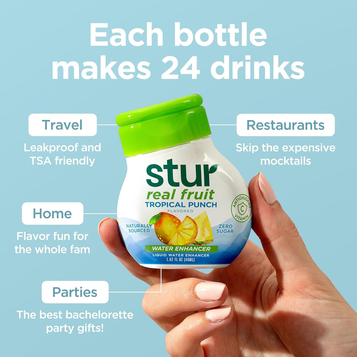 Stur Liquid Water Enhancer, Tropical Punch, Naturally Sweetened, High in Vitamin C & Antioxidants, Sugar Free, Zero Calories, Keto, Vegan, 5 Bottles
