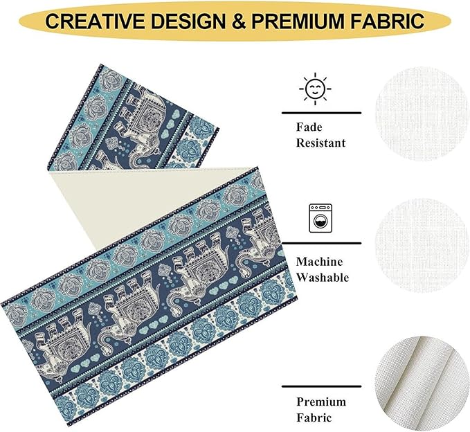 Boho Elephant Table Runner, Rustic African Tribe Animal Diwali India Damask Mandala Art Print Blue Coffee Table Center Decor for Home Kitchen Dining Holiday Party Outdoor Table Decorations, 13"x90"