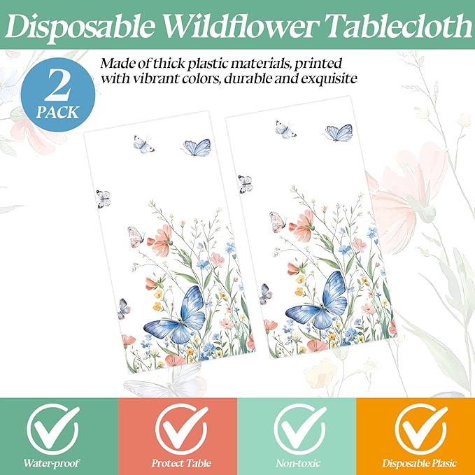 2 Pack Spring Floral Tablecloth Party Decorations, 54 x 108 Inch Disposable Wildflower Butterfly Plastic Table Cover Wildflower Table Cloth for Birthday, Wedding, Tea Party Decor