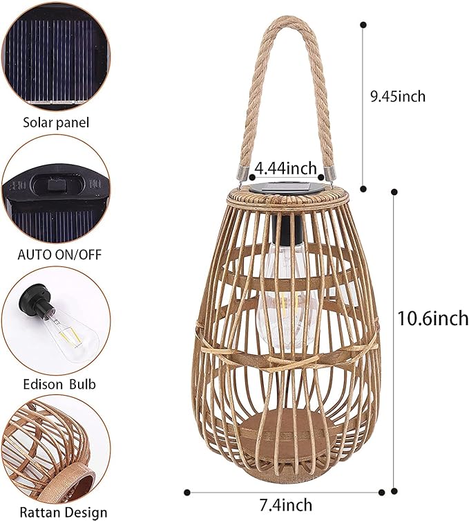 Solar Lantern Outdoor Waterproof Large Rattan Lanterns Decorative Bright Boho Lanterns Lights with Handle Rustic Hanging or Table Lamp for Fence Porch Garden Yard Wedding Decoration