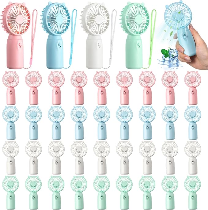 Glooglitter 36 Pcs Mini Portable Fans Bulk Handheld Battery Operated Fan with Lanyard for Makeup Eyelash, Cooling Lightweight Pocket Personal Fans for Wedding Outdoor Use (Pink Blue White Green)
