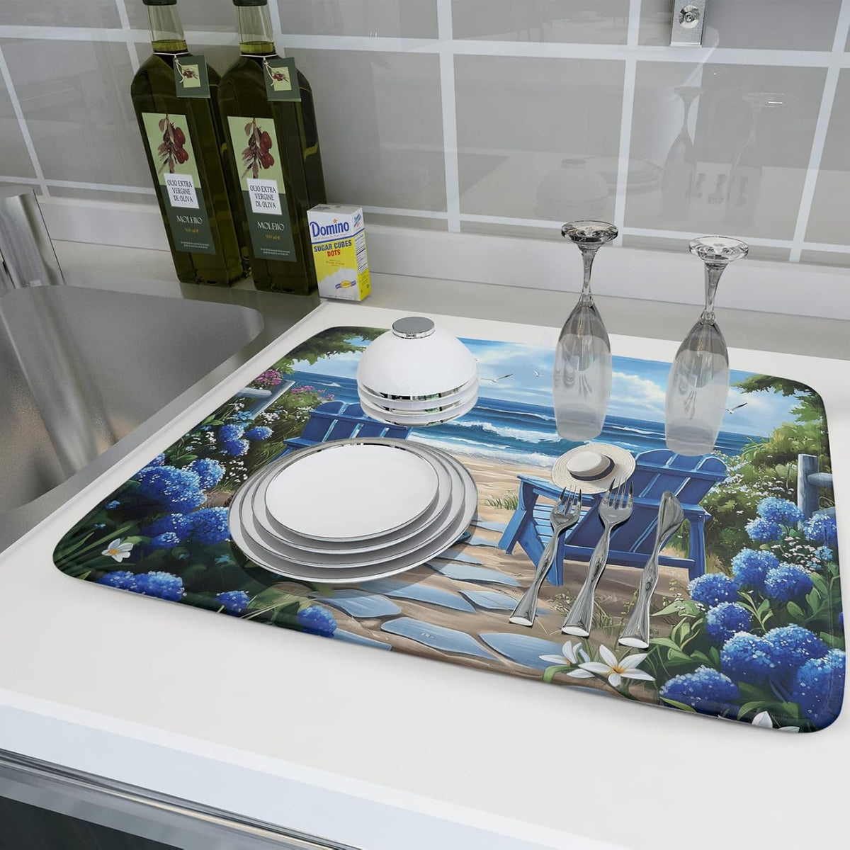 Summer Beach Chairs Dish Drying Mat Sea Wave Blue Floral Drying Mat fo Kitchen Counter 16”x18” Absorbent Reversible Kitchen Mat Non-Slip Ocean Themed