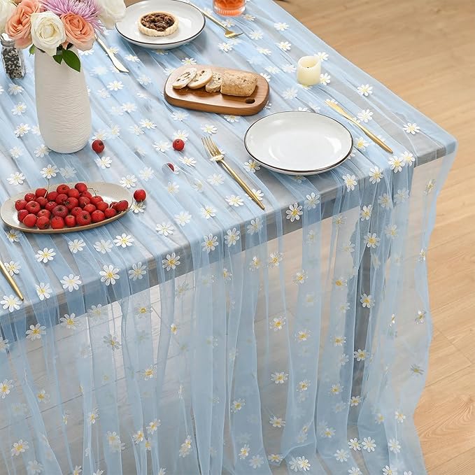Horaldaily Blue Embroidery Daisy Spring Summer Gauze Tablecloth 60×104 Inch Rectangular, Seasonal Tulle Table Cover, Garden Party Decorations for Wedding, Party, Holiday Dining