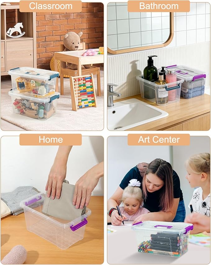 AREYZIN Plastic Storage Bins with Lids 6 Pack,7 Quart Stackable Storage Containers with Buckle Latches, Heavy Duty Clear Organizer Bins for Home Office Supplies, Craft & Toy Storage, BPA-Free,Purple