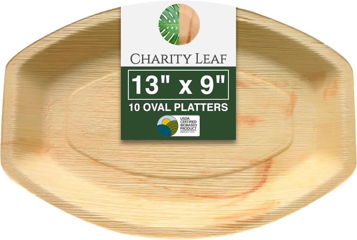 Charity Leaf Disposable Palm Leaf 13" x 9" Trays (10 pieces) Bamboo Like Serving Platters, Disposable Boards, Eco-Friendly Dinnerware For Weddings
