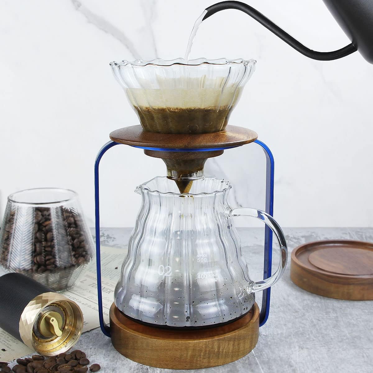 Sotech Pour Over Coffee Dripper Stand with Metal Stand Wooden Filter Holder Glass Server with Paper Coffee Filters