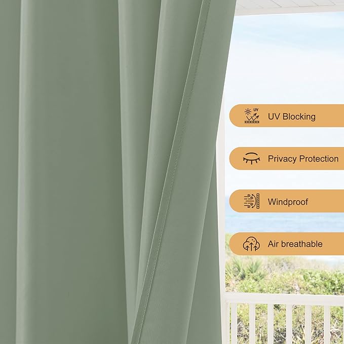 Outdoor Patio Curtains Waterproof 6 Panels 54x95 Inch- Protect Privacy & Weatherproof Rod PocketBalcony Outdoor Curtains for Apartments,Porch, Gazebo, Pergola, Sliding Glass Door, Sage Green
