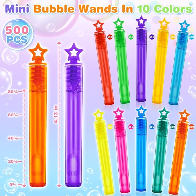500 Pcs Mini Bubble Wands for Kids, Bulk Bubble Wands in 10 Colors, Kids Party Favor, Themed Birthday, Christmas, Goodies Bags, Wedding, Carnival Prizes Toys, Bubble Summer Outdoor Gifts for Kids