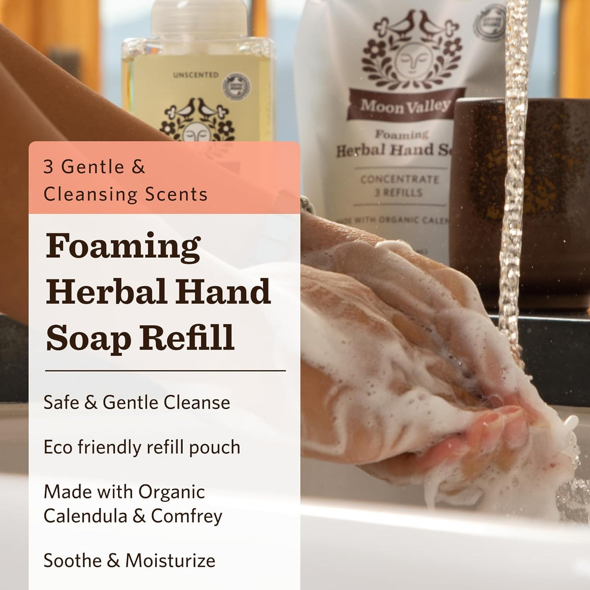 Moon Valley Foaming Hand Soap Refill Pouch, Three-Pack Lemon Rosemary, Mint Lavender, Grapefruit Soap, Vegan and Non-GMO, Environmentally Friendly Option