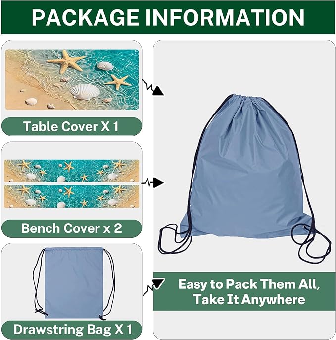 Picnic Table Cover with Bench Covers Elastic Edges, Beach Fitted Table Cover, Outdoor Patio Camping Essentials 96 Inch 3PCS, Waterproof Camping Fitted Tablecloth with Drawstring Bag