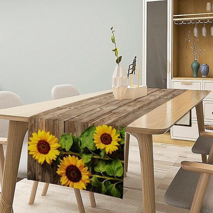 Sunflower Floral Table Runner, Country Farmhouse Vintage Spring Flower Rustic Wooden Plank Kitchen Dining Table Decoration for Indoor Outdoor Home Party Decor, 13x108inch