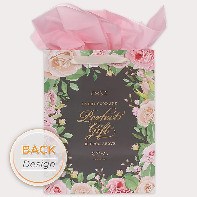 Christian Art Gifts Portrait Gift Bag with Card and Tissue Paper Set - Every Good Gift - James 1:17 Inspirational Bible Verse, Pink Rose Floral, Large