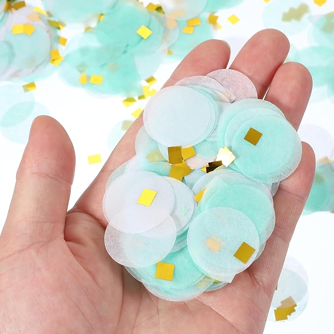 PATIKIL Round Tissue Paper Confetti 1 Inch, Table Confetti Circle Dots for Wedding Birthday Party Balloon Decorations(1.76 oz),Turquoise/White/Gold
