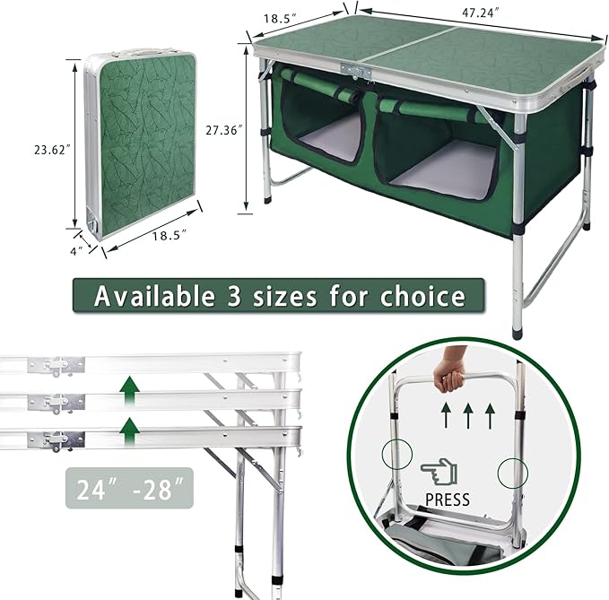 CampLand Outdoor Folding Table Aluminum Lightweight Height Adjustable with Storage Organizer for BBQ, Party, Camping