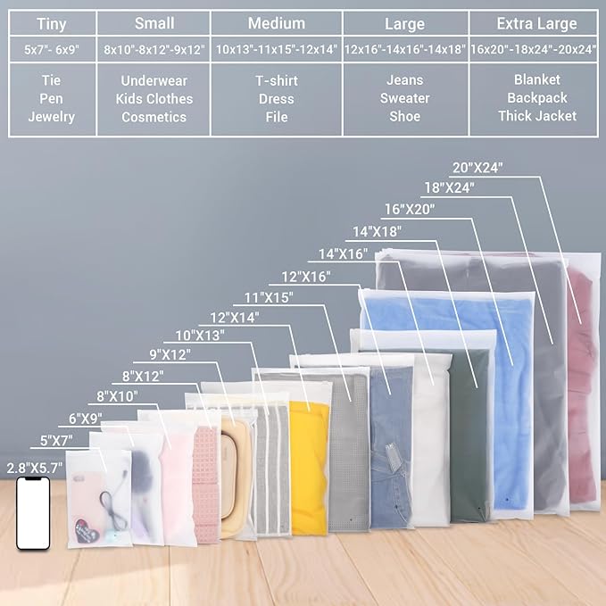 Clothes Packaging Bags for Shipping, 25 Count 14x16 inch Frosted Zipper Plastic Bags for Clothing, Thick Plastic Apparel Bag for Packaging T-Shirt, Shirt, 3 Mil, with Vent Holes Storage Bag