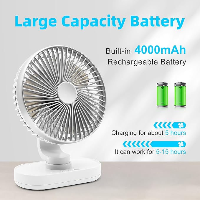 Small Oscillating Fan for Bedroom, 4000mAh Battery Powered Rechargeable Fan, 90° Vertical Manual and 120° Oscillating Desk Fan, 4 Speeds Air Circulator Fans, Quiet Table Fans for Home Office Travel