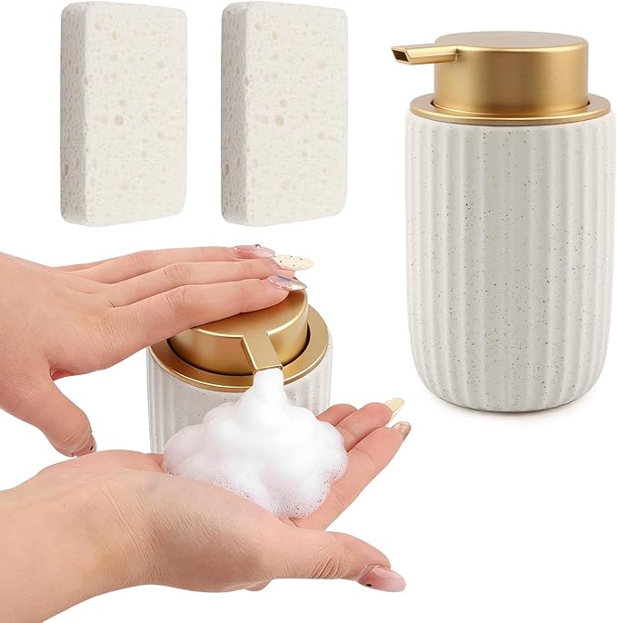 2 Pack Speckled Ceramic Foam Soap Dispenser, 12 oz Matte Pump Hand Foam Dispenser with 2 Cleaning Sponges, Refillable Pump, Foaming Dispenser for Bathroom, Kitchen (Color:Speckled White)