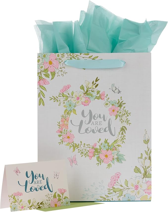 WITH LOVE Women's Flowery Wreath Gift Bag w/Card & Blue Tissue Paper: You Are Loved, White w/Pastel Pink & Blue Florals, Gift Idea for Family & Friends, Large Portrait 13" x 10" x 7"