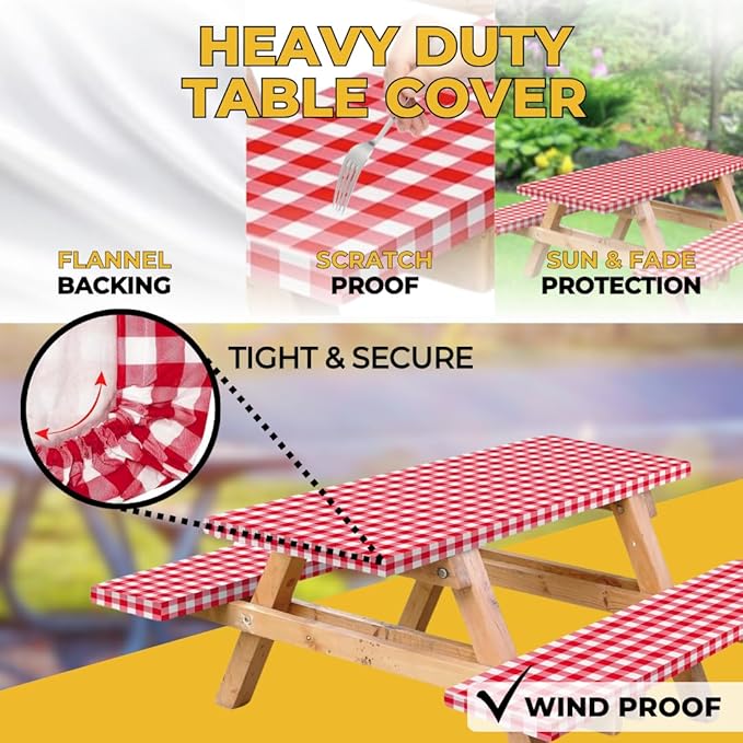 RNOONY Vinyl Fitted Picnic Table Cover with Bench Covers and Bag, 6ft Outdoor Waterproof Picnic Tablecloth with Elastic Edges, 72x30 Inches 3 Pcs Set (Red Checkered)