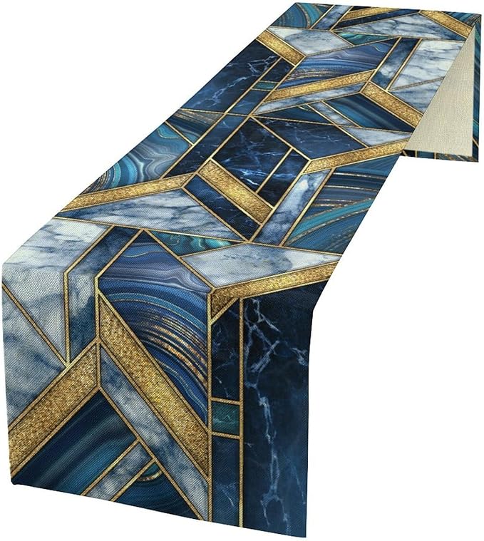 Marble Texture Table Runner, Dark Blue Gold Modern Mosaic Design Table Runner Decoration for Kitchen Family Dinner Table Holiday Party Farmhouse 13x120in