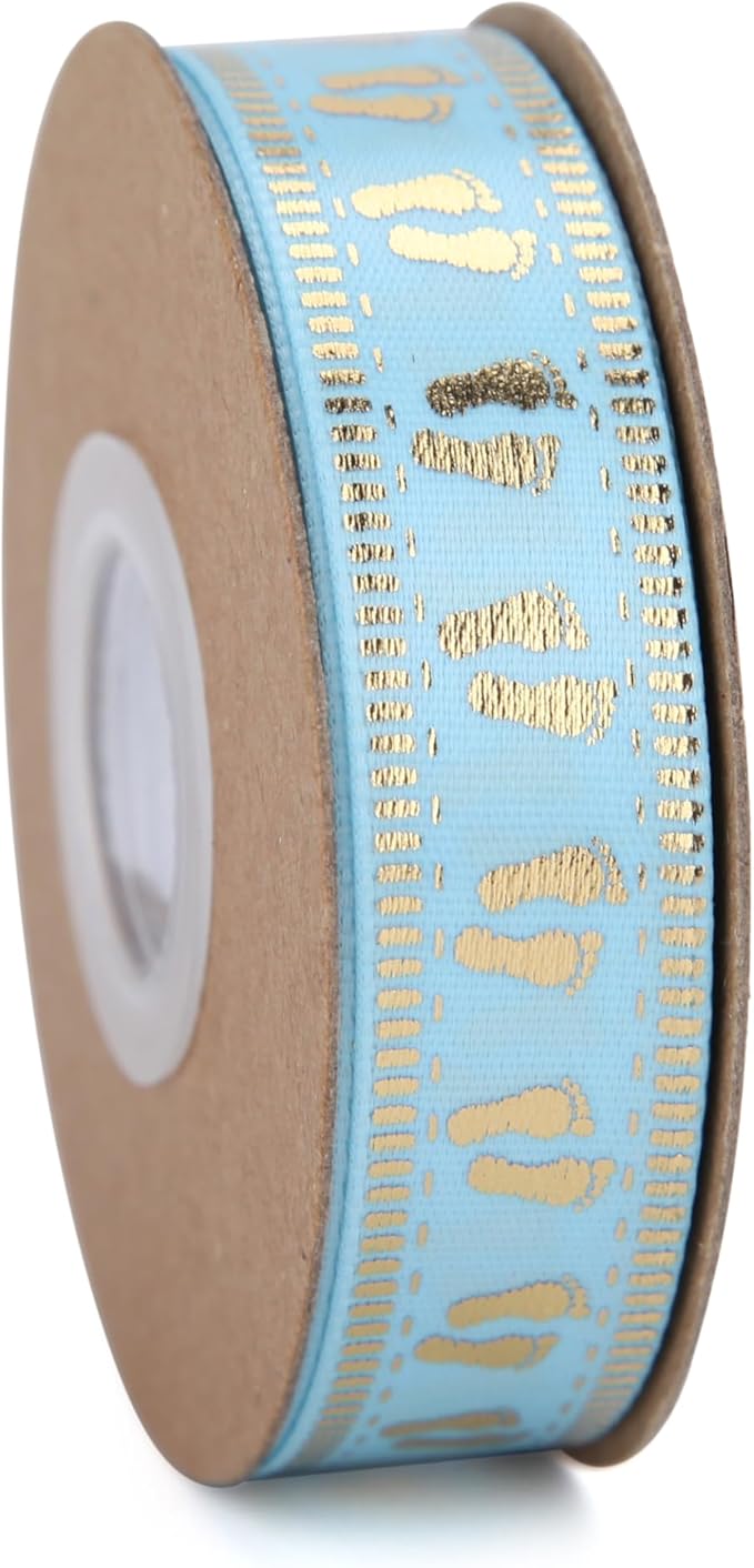 Meseey 20 Yards Baby Ribbon Foot Print Blue and Gold Ribbons for Crafts Cake Baby Shower Birthday,Gift Wrapping, Party Decoration (2 roll Blue)