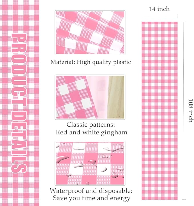 12 Pcs Hot Pink and White Checkered Table Runner Plastic 14 x 108 Disposable Hot Pink Gingham Table Runner for Birthday Wedding Baby Shower Party Table Centerpiece Decorations