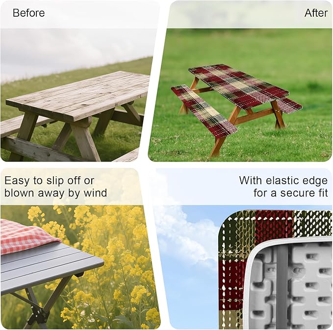 ANNA QUEEN 6FT Christmas Picnic Table Cover Set 3PCS 72"x30", Waterproof Outdoor Bench and Tablecloth Furniture Protection for Camping Beach BBQ Patio Backyard