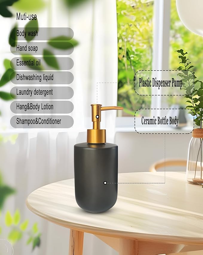 Black Liquid Soap Dispenser for Bathroom with Golden Pump,Refillable Dish Dispenser for Kitchen， Countertop Lotion Ceramics Hand Dispenser 420ml(Cylindrical Black Bottle)