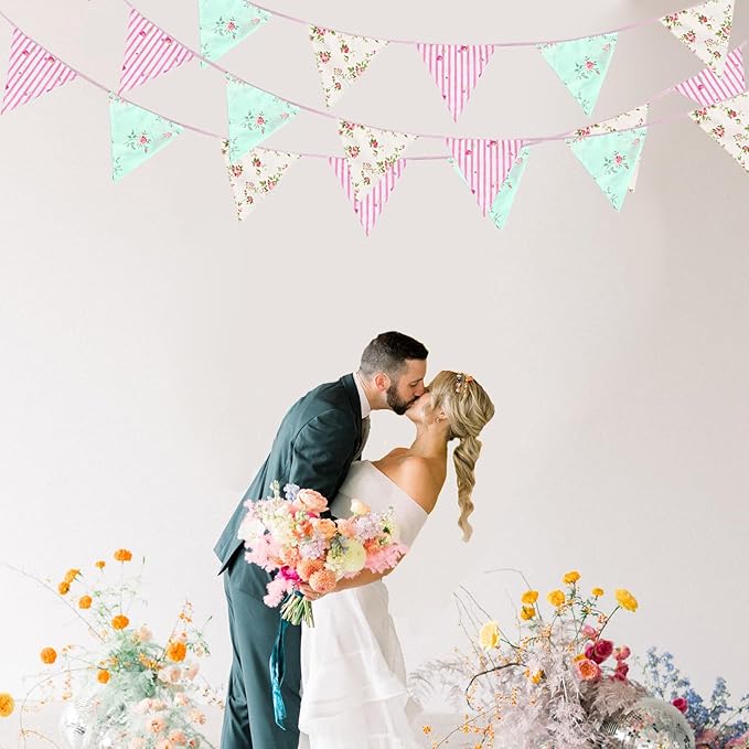 Zwiebeco 32Ft Pink Blue Floral Fabric Pennant Banner Bunting Cotton Flower Triangle Flag Decoration for Birthday Wedding Engagement Bridal Baby Shower Tea Party Spring Rustic Village Home Garden Décor