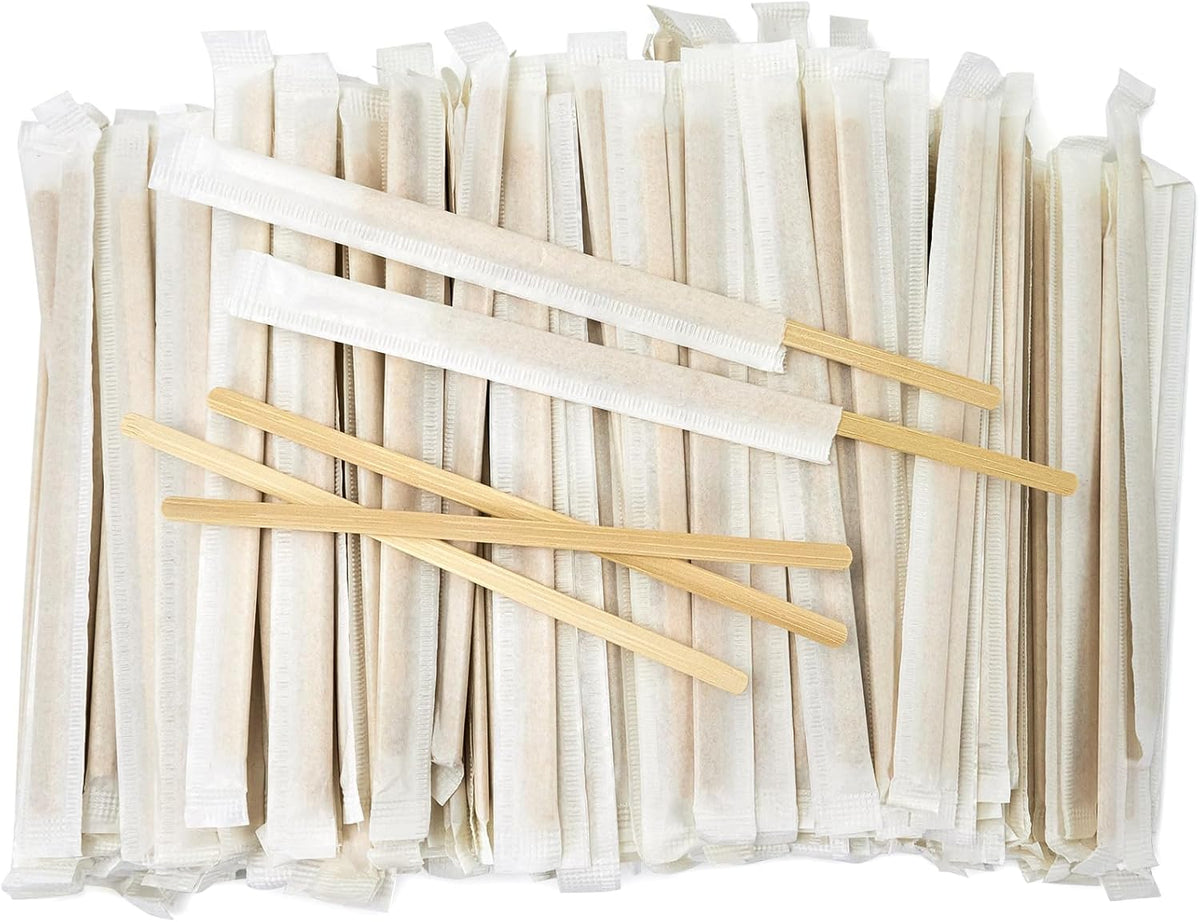 Bamboo Coffee Stirrers Individually Wrapped 500 Count, 7 inch Coffee Stir Sticks - For Hot Drinks and Cocktails, Smooth End
