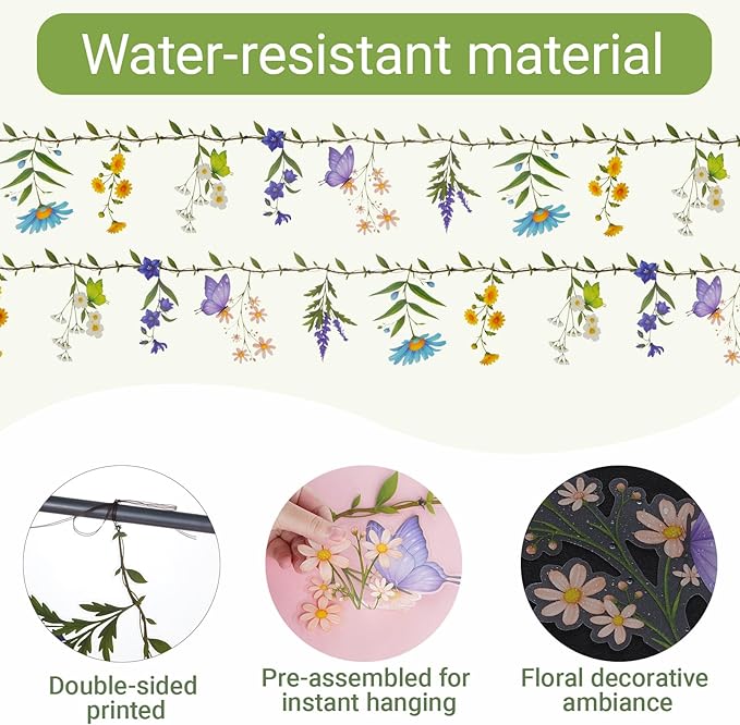 2 Pack Wildflower Garland Set, Pre-Strung Waterproof Spring Floral Garland for Wildflower Baby Shower Decorations, Bridal Shower Flower Birthday Spring Garden Tea Party Decor (160in Total)