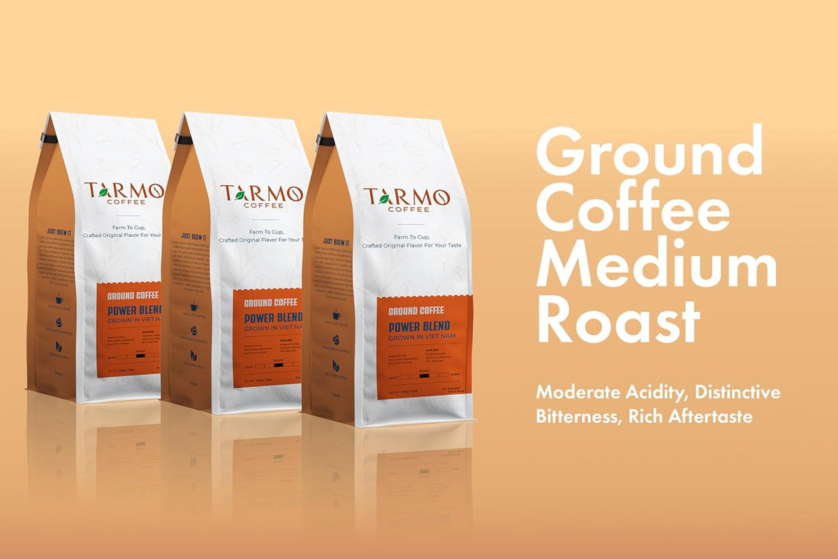 Tarmo - Power Blend, Low Acid Ground Coffee, Specialty Vietnamese Coffee, Premium Arabica & Robusta Blend, Medium Roast Coffee, 12 Oz Bag