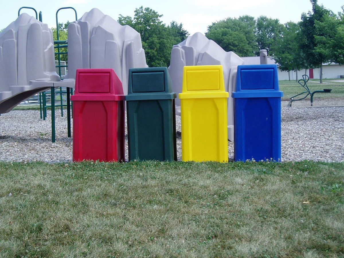 32 Gallon Square 100% Recycled Plastic Heavy Duty Outdoor Trash Can with Push Lid - Great for Schools and Businesses - Yellow