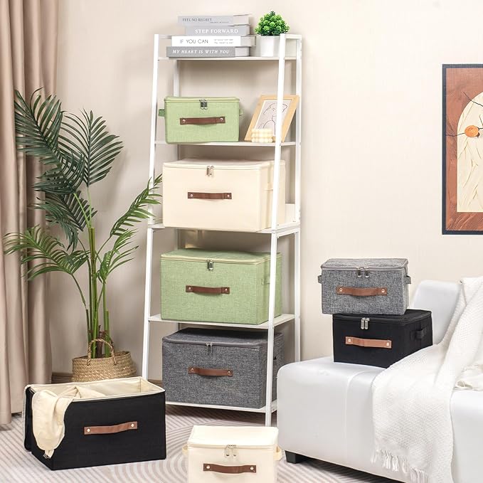 3 Pack Storage Bins with Zipper Lid Fabric Lidded Storage Boxes Baskets Cubes Washable Collapsible PU Leather Handle Cotton Linen Fabric Shelf Closet Organizer Container(Green, Small Size)