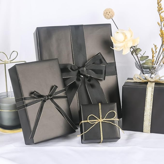 NESCCI Matte Metal Black Wrapping Paper, Solid Color Paper-2 Roll,17 Inches X 32.8 Feet Per Roll,Gift Wrapping Paper,Perfect for Wedding,Valentine's Day,Birthday,Baby Shower,DIY Bouquet