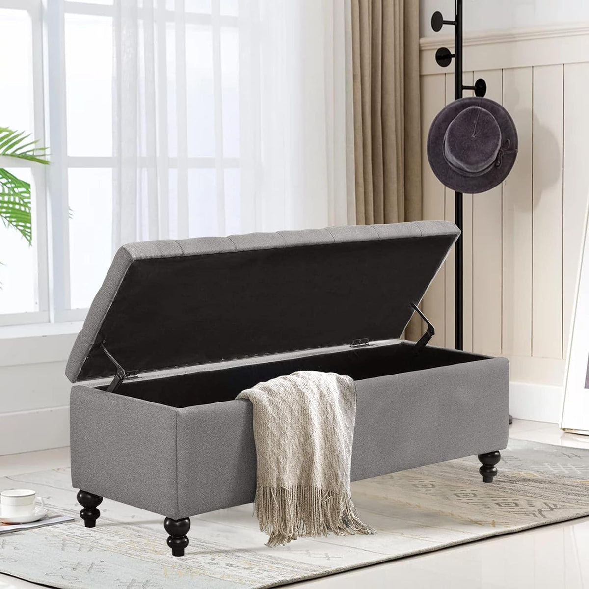 Storage Ottoman 50.2 Inches Upholstered Fabric Bench，Button Tufted for Living Room，Bedroom End of Bed Bench Withstands 303lbs (Grey)