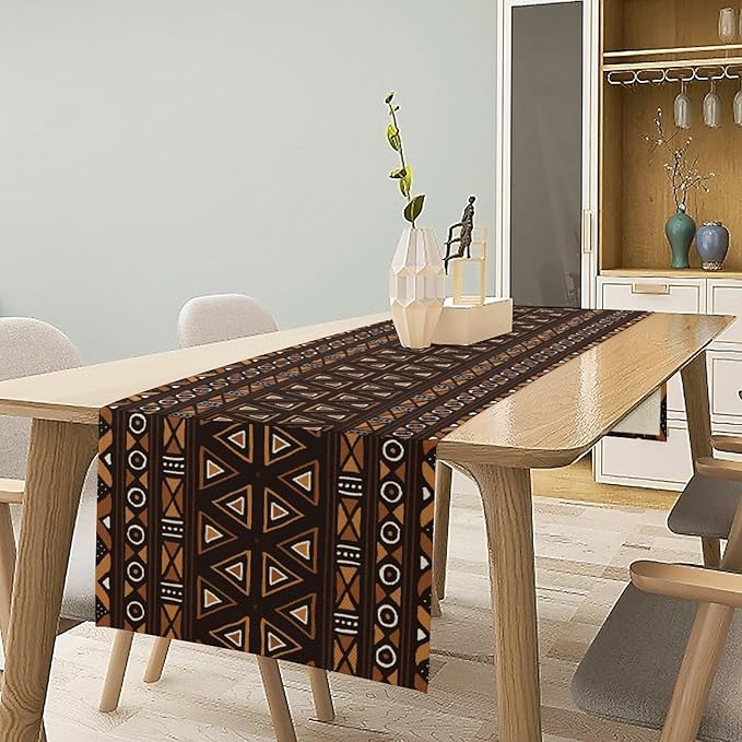 African Table Runner, Geometric Motifs Southwestern Native Tribal Ethnic Table Runner for Dining Kitchen Farmhouse Party Coffee Home 13x120in