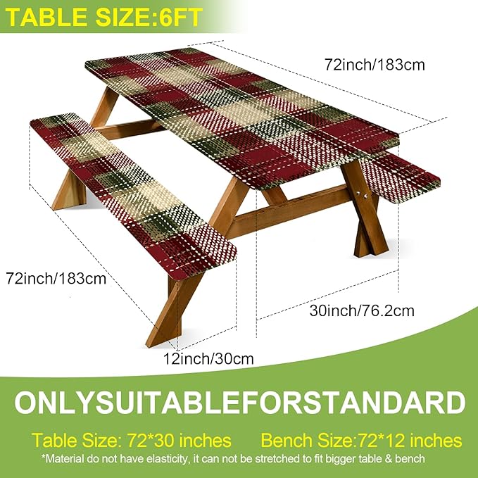 ANNA QUEEN 6FT Christmas Picnic Table Cover Set 3PCS 72"x30", Waterproof Outdoor Bench and Tablecloth Furniture Protection for Camping Beach BBQ Patio Backyard