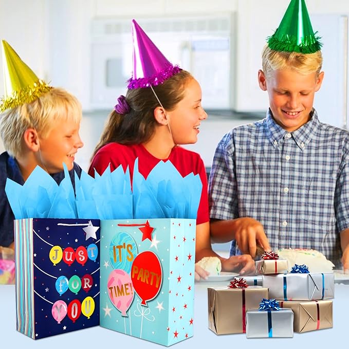Gift Bags Large Gift Bag Set-Birthday Gift Bag for Boy Teen Kids Men Him-Blue Gift Bags with Tissue Paper-Paper Gift Bags with Handles-Big Gift Bags Birthday Gift Wrap Bag,Party Gift Bags Present Bags（2Pack,12.5Inch）