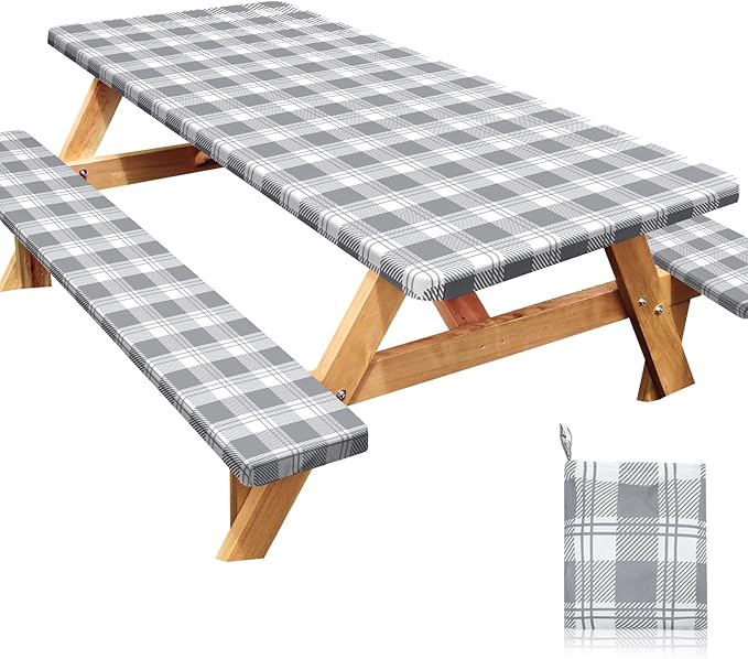Picnic Table Cover with Bench Covers Windproof Waterproof Picnic Table Covers Camping Tablecloth with Self-Storage Bag, 96in, Light Grey