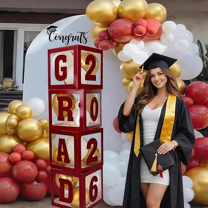 2026 Graduation Decorations - 4Pcs Maroon Balloon Boxes with Letters 2026&Grad for Preschool Kindergarten Middle High School College Graduation Party Decorations Class of 2026