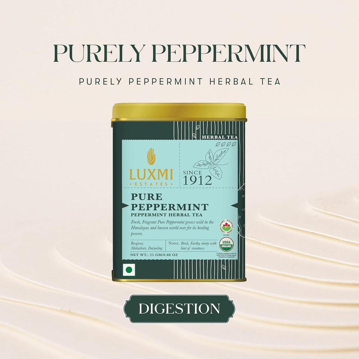 Luxmi Estates Purely Peppermint 25gm Tin, USDA Certified Organic Herbal Tea, Mint Tea Best for Night Time