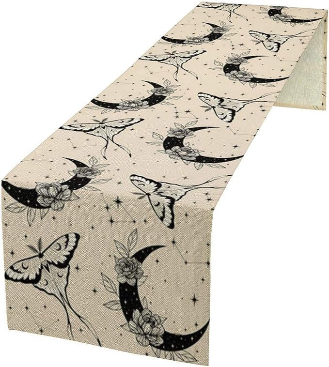 Boho Moth Table Runner,Retro Flower Moon Starlit Stars Butterfly Print Table Runner for Wedding Holiday Party Farmhouse Home Decor 13x108in